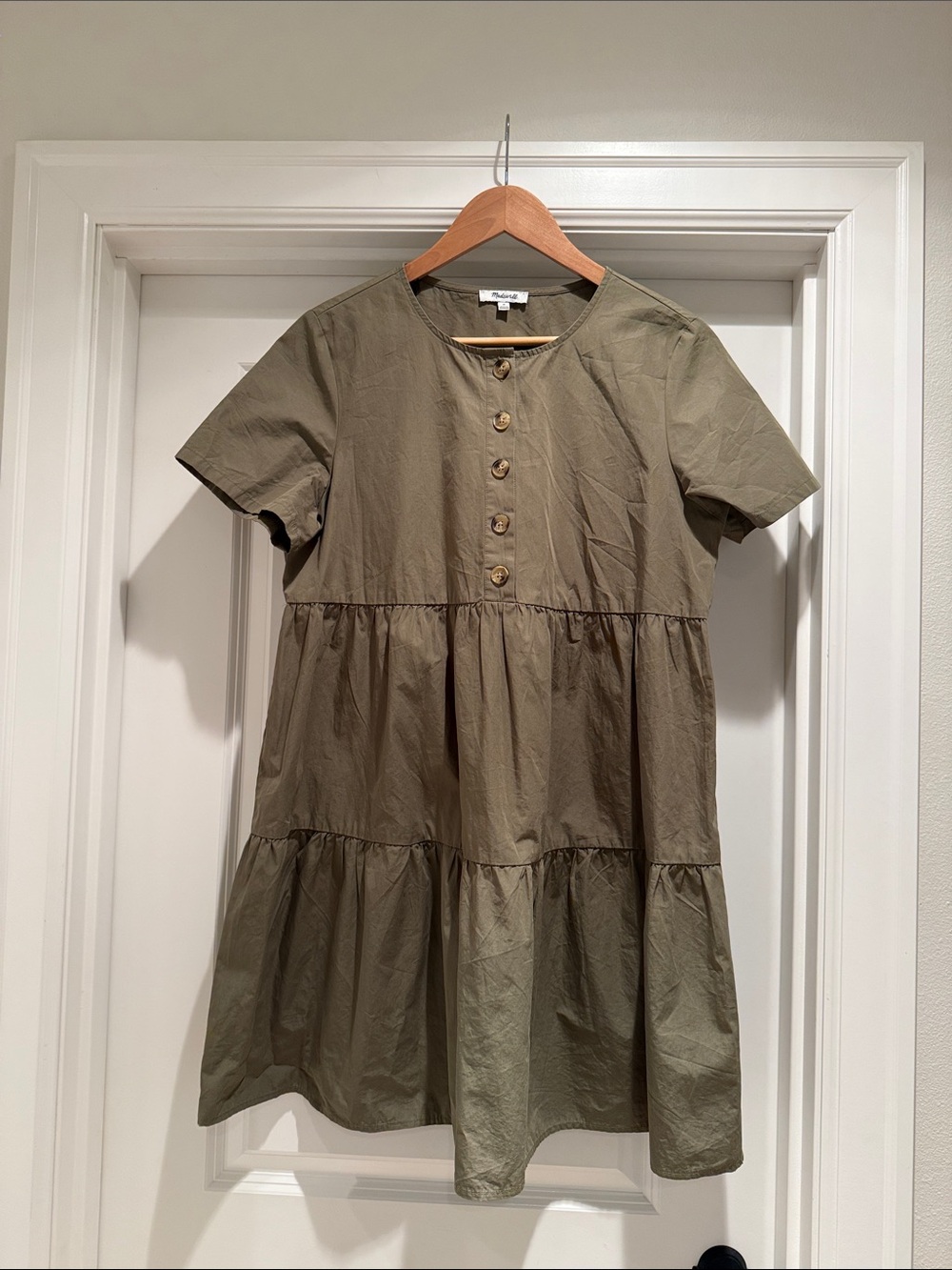 Madewell Olive Green Tiered Short-Sleeve Button Dress